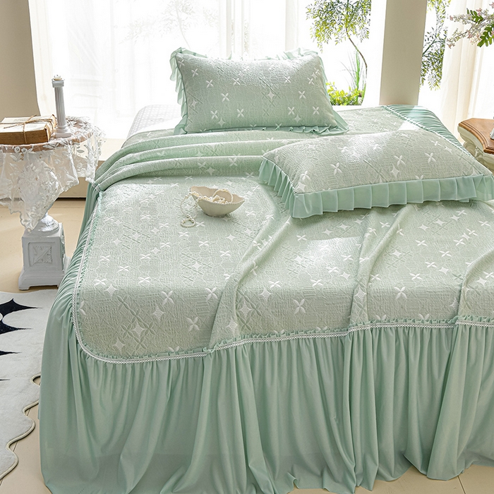 91家纺网 家纺一手货源 找家纺 绘萱家居 2026新款PE提花冰凉豆豆床裙款凉席席子凉席 星愿-绿