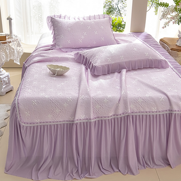 91家纺网 家纺一手货源 找家纺 绘萱家居 2026新款PE提花冰凉豆豆床裙款凉席席子凉席 星愿-紫