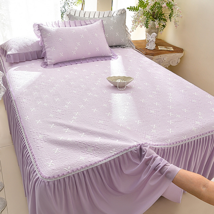 91家纺网 家纺一手货源 找家纺 绘萱家居 2026新款PE提花冰凉豆豆床裙款凉席席子凉席 星愿-紫