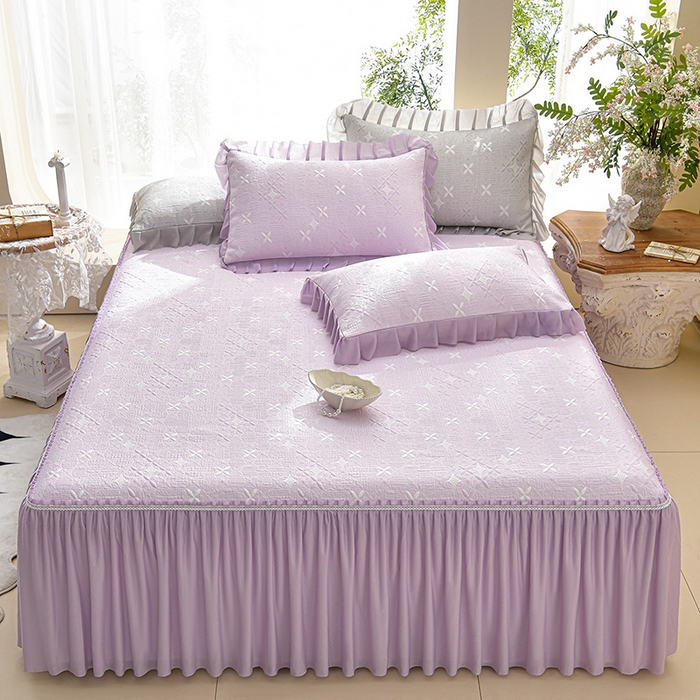 91家纺网 家纺一手货源 找家纺 绘萱家居 2026新款PE提花冰凉豆豆床裙款凉席席子凉席 星愿-紫