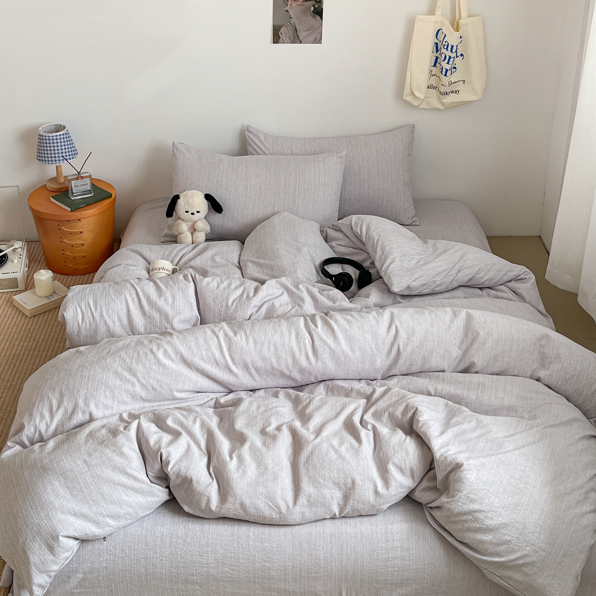 91家纺网 家纺一手货源 找家纺 蓝极人 2026新款色织水洗麻纯色四件套 葡萄青