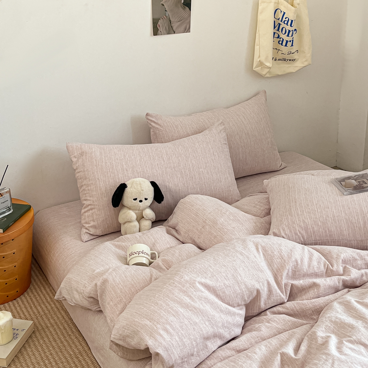 91家纺网 家纺一手货源 找家纺 蓝极人 2026新款色织水洗麻纯色四件套 玫瑰粉