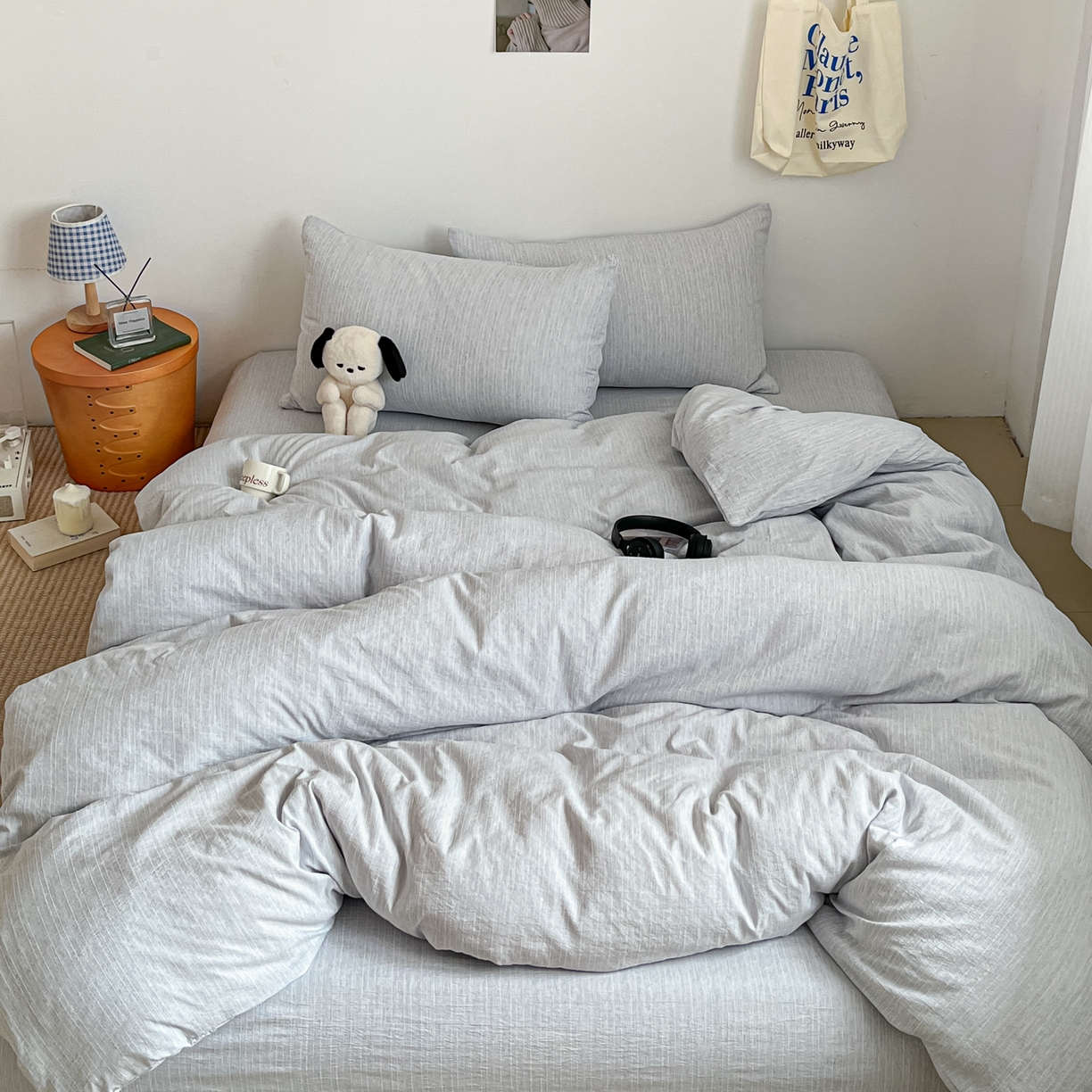 91家纺网 家纺一手货源 找家纺 蓝极人 2026新款色织水洗麻纯色四件套 牛仔蓝