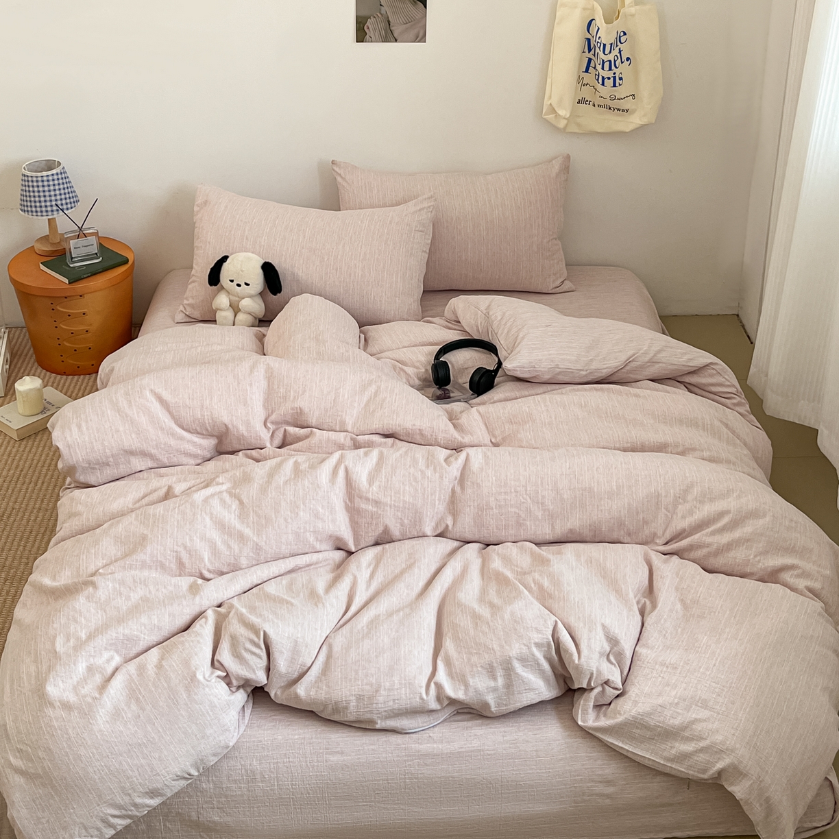 91家纺网 家纺一手货源 找家纺 蓝极人 2026新款色织水洗麻纯色四件套 玫瑰粉