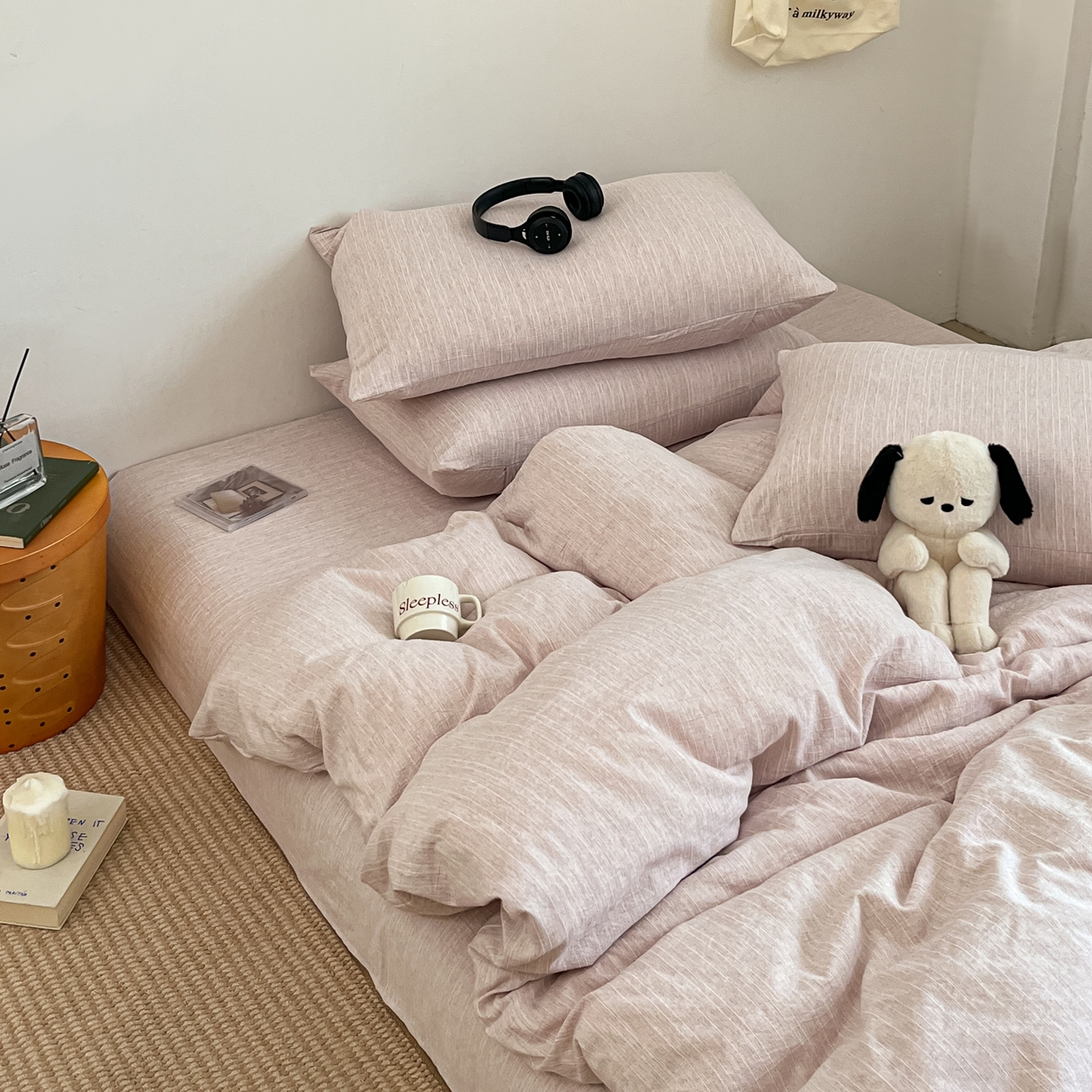 蓝极人 2026新款色织水洗麻纯色四件套 玫瑰粉