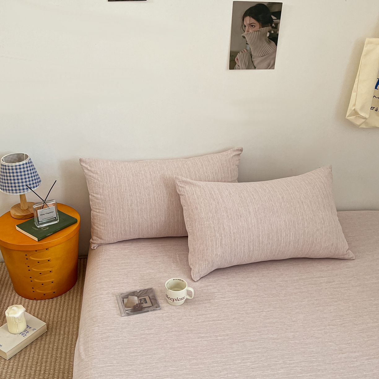 91家纺网 家纺一手货源 找家纺 蓝极人 2026新款色织水洗麻纯色四件套 玫瑰粉