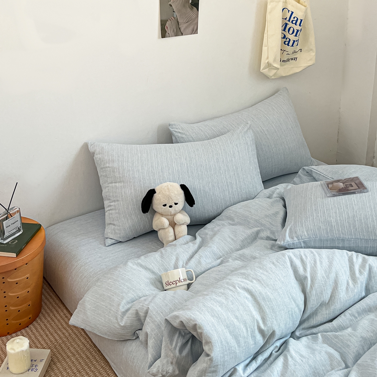 91家纺网 家纺一手货源 找家纺 蓝极人 2026新款色织水洗麻纯色四件套 湖水蓝