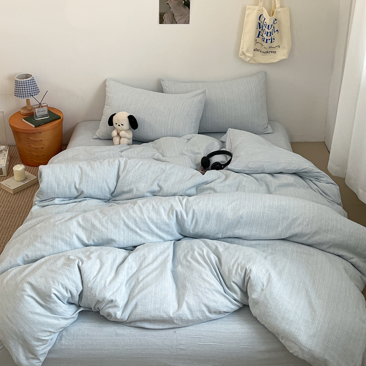 91家纺网 家纺一手货源 找家纺 蓝极人 2026新款色织水洗麻纯色四件套 湖水蓝