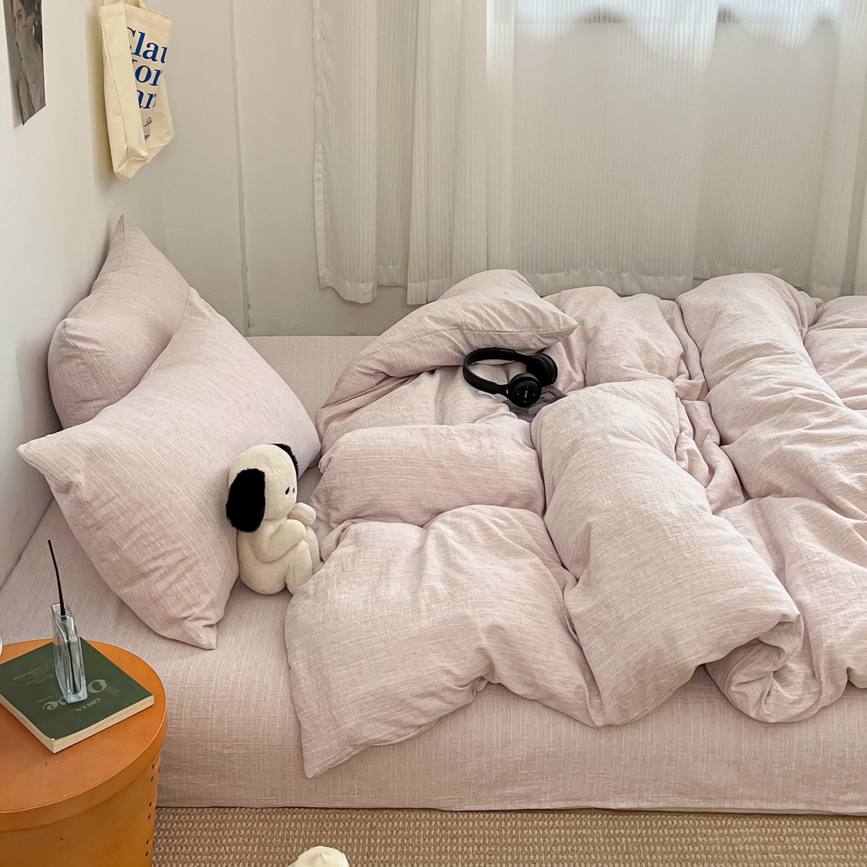 91家纺网 家纺一手货源 找家纺 蓝极人 2026新款色织水洗麻纯色四件套 玫瑰粉