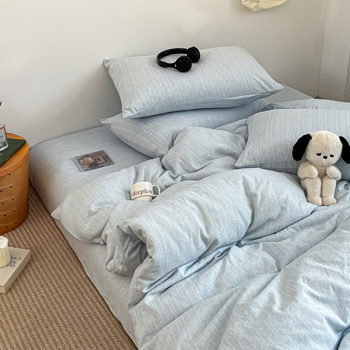 蓝极人 2026新款色织水洗麻纯色四件套 湖水蓝