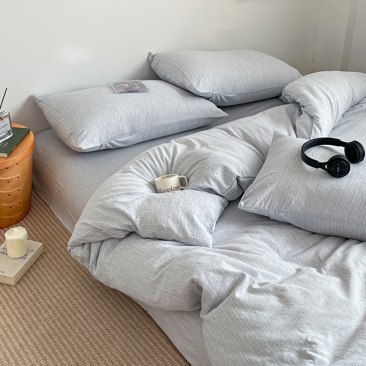 91家纺网 家纺一手货源 找家纺 蓝极人 2026新款色织水洗麻纯色四件套 牛仔蓝