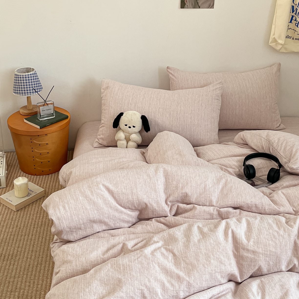 91家纺网 家纺一手货源 找家纺 蓝极人 2026新款色织水洗麻纯色四件套 玫瑰粉