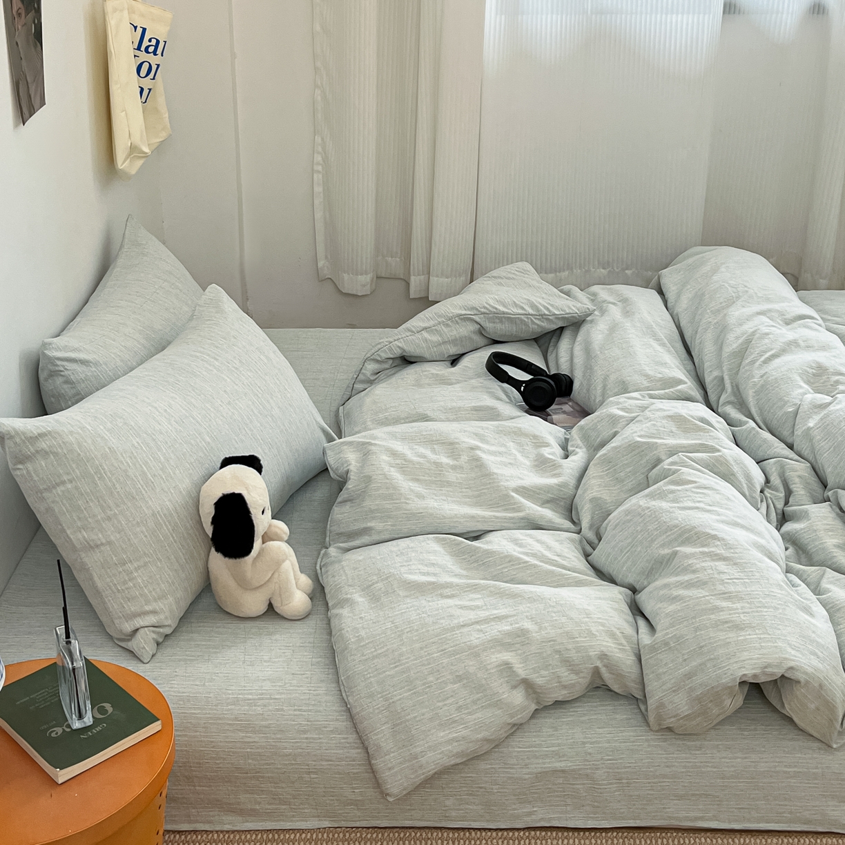 91家纺网 家纺一手货源 找家纺 蓝极人 2026新款色织水洗麻纯色四件套 抹茶绿