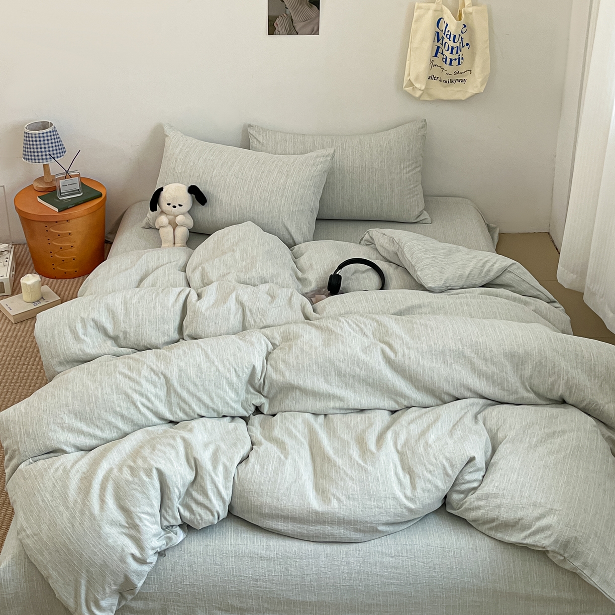 91家纺网 家纺一手货源 找家纺 蓝极人 2026新款色织水洗麻纯色四件套 抹茶绿