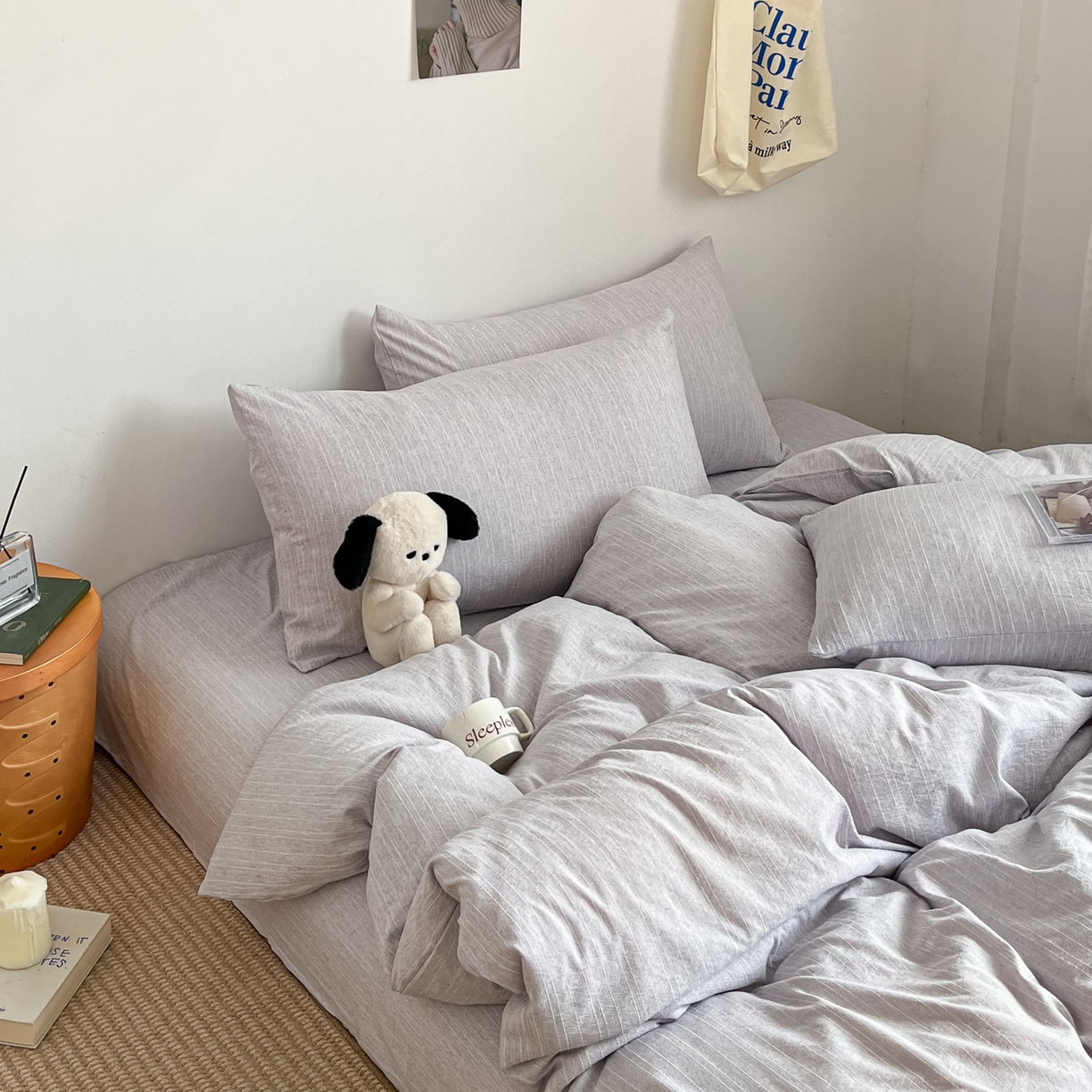 91家纺网 家纺一手货源 找家纺 蓝极人 2026新款色织水洗麻纯色四件套 葡萄青