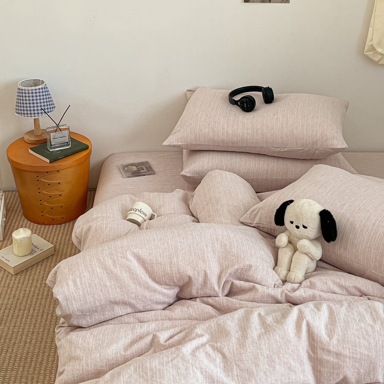 91家纺网 家纺一手货源 找家纺 蓝极人 2026新款色织水洗麻纯色四件套 玫瑰粉