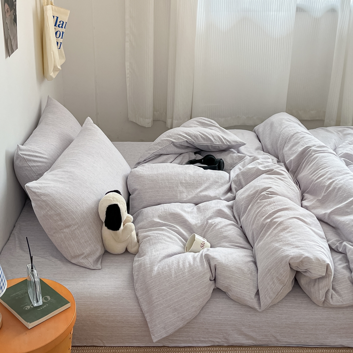 91家纺网 家纺一手货源 找家纺 蓝极人 2026新款色织水洗麻纯色四件套 葡萄青