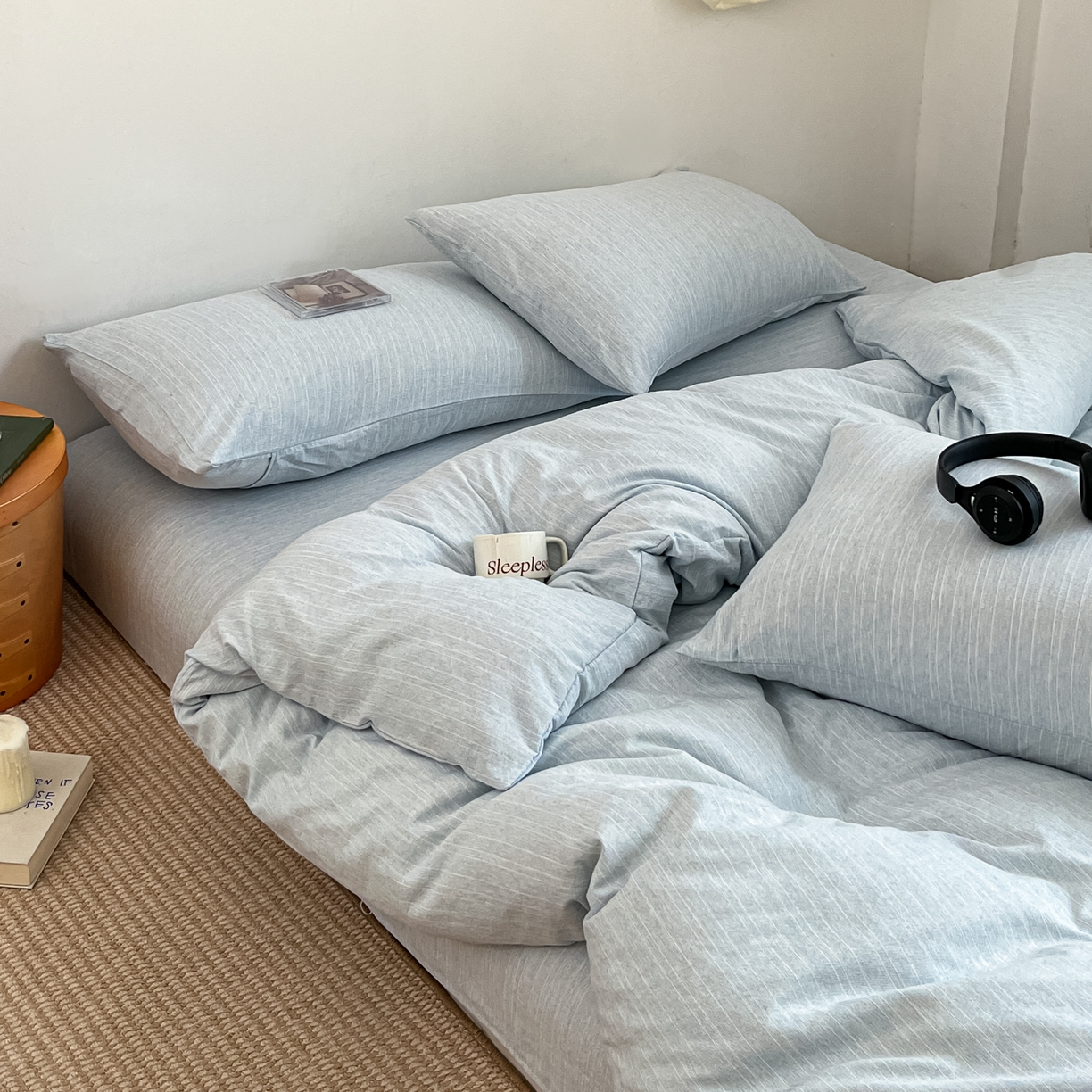 91家纺网 家纺一手货源 找家纺 蓝极人 2026新款色织水洗麻纯色四件套 湖水蓝