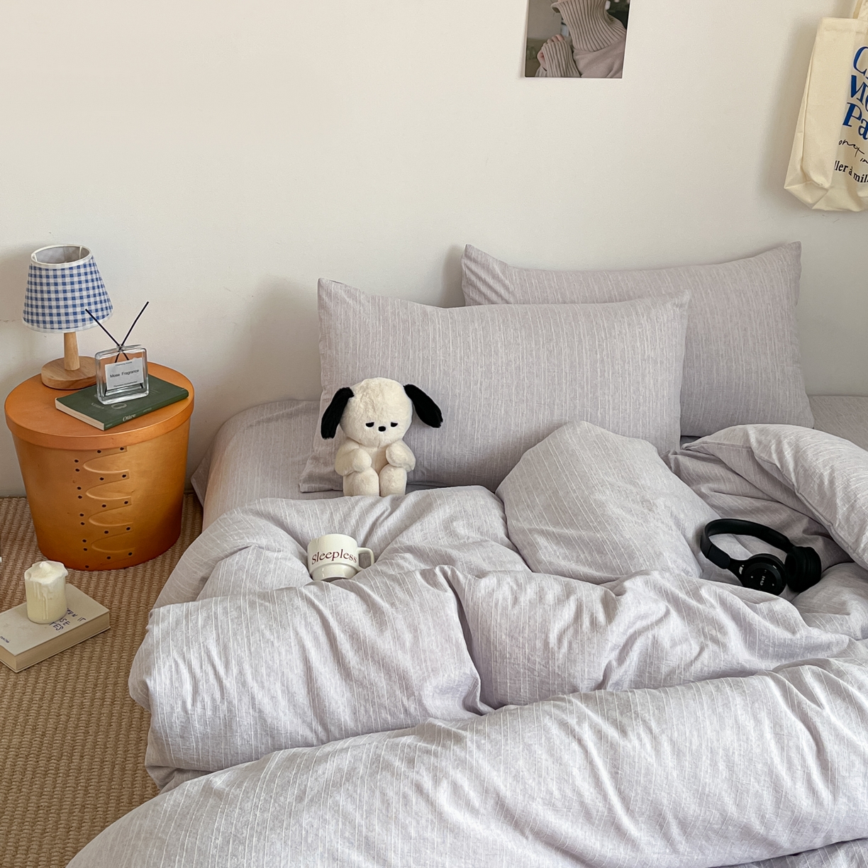 91家纺网 家纺一手货源 找家纺 蓝极人 2026新款色织水洗麻纯色四件套 葡萄青