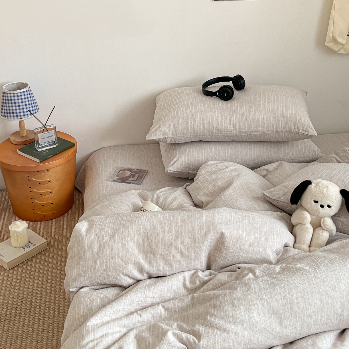 91家纺网 家纺一手货源 找家纺 蓝极人 2026新款色织水洗麻纯色四件套 烟茶