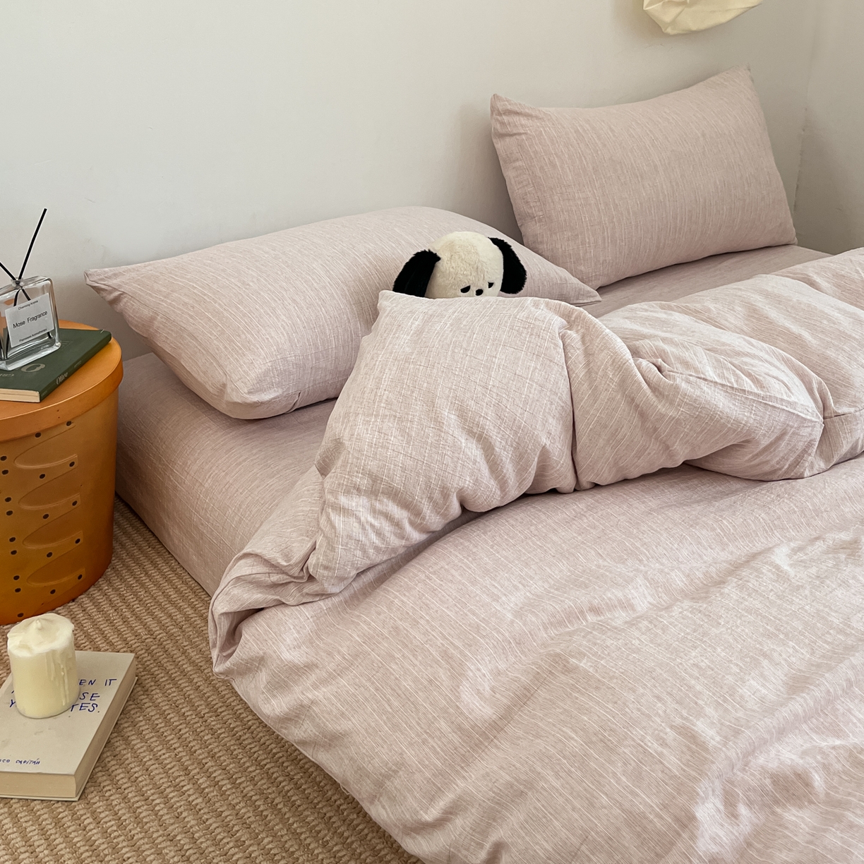 91家纺网 家纺一手货源 找家纺 蓝极人 2026新款色织水洗麻纯色四件套 玫瑰粉