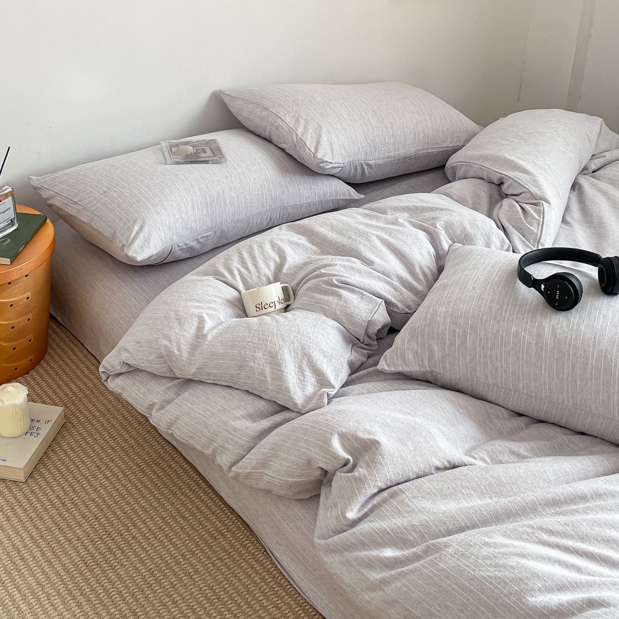 91家纺网 家纺一手货源 找家纺 蓝极人 2026新款色织水洗麻纯色四件套 葡萄青