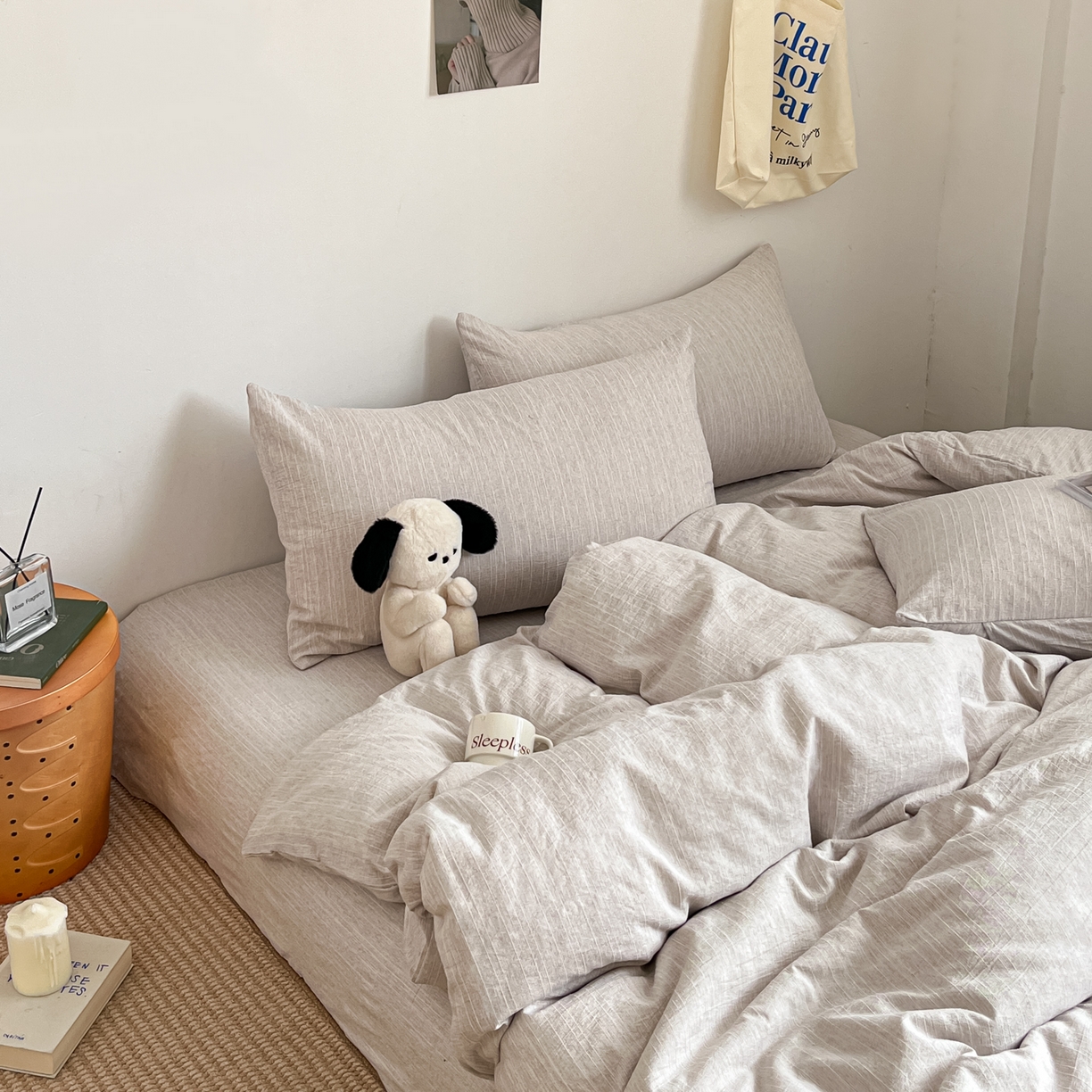 91家纺网 家纺一手货源 找家纺 蓝极人 2026新款色织水洗麻纯色四件套 烟茶