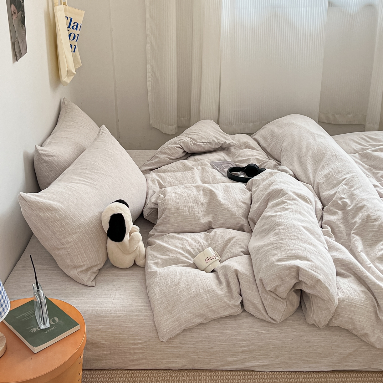 91家纺网 家纺一手货源 找家纺 蓝极人 2026新款色织水洗麻纯色四件套 烟茶