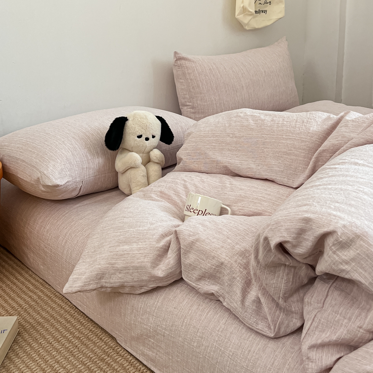 91家纺网 家纺一手货源 找家纺 蓝极人 2026新款色织水洗麻纯色四件套 玫瑰粉