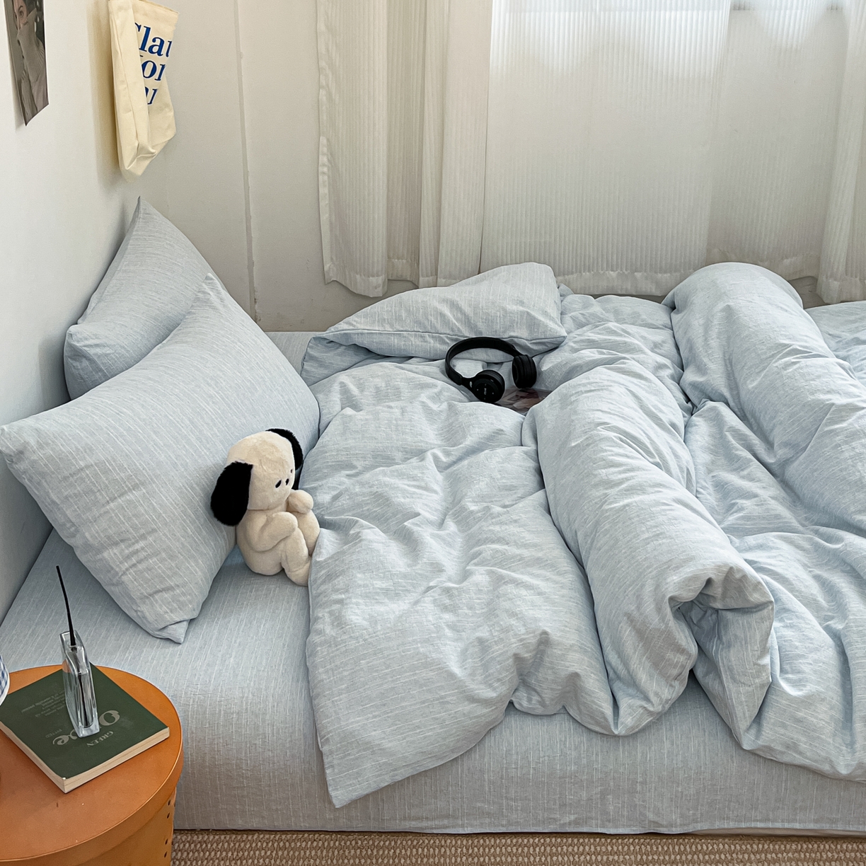 91家纺网 家纺一手货源 找家纺 蓝极人 2026新款色织水洗麻纯色四件套 湖水蓝