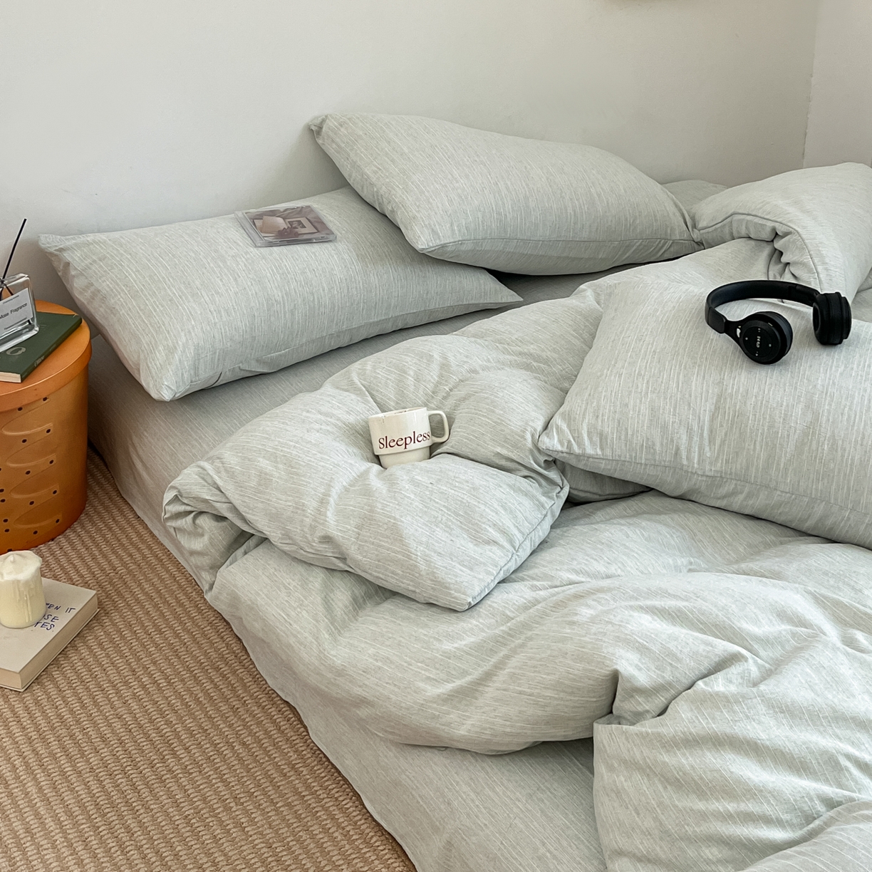 91家纺网 家纺一手货源 找家纺 蓝极人 2026新款色织水洗麻纯色四件套 抹茶绿