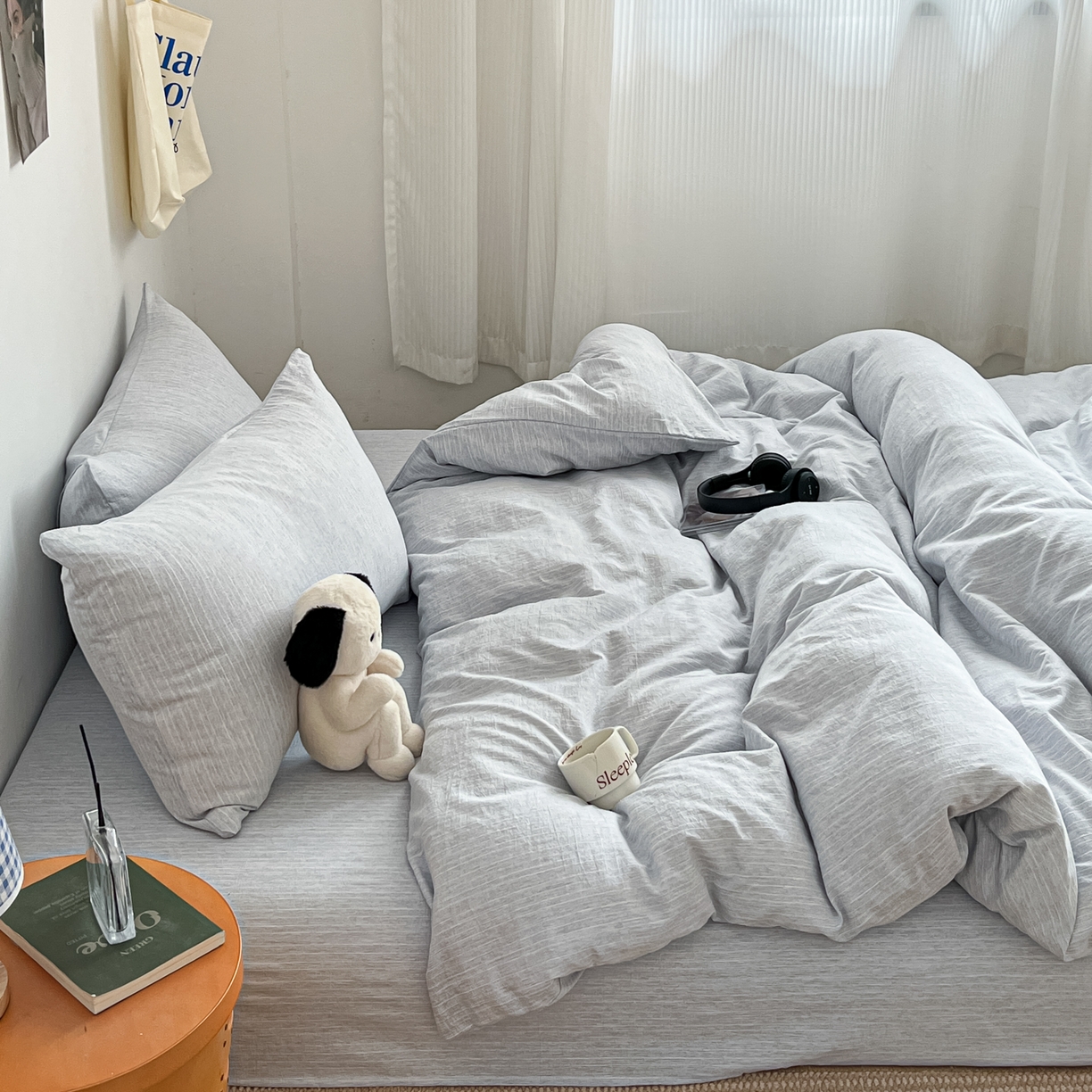 91家纺网 家纺一手货源 找家纺 蓝极人 2026新款色织水洗麻纯色四件套 牛仔蓝