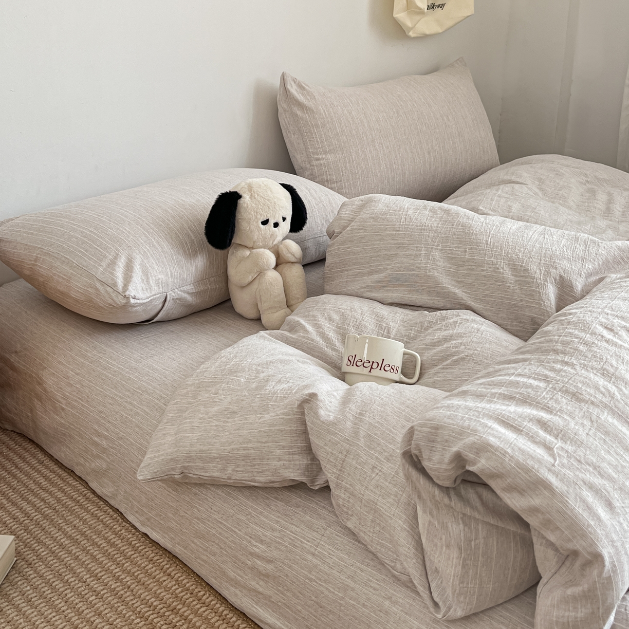 91家纺网 家纺一手货源 找家纺 蓝极人 2026新款色织水洗麻纯色四件套 烟茶