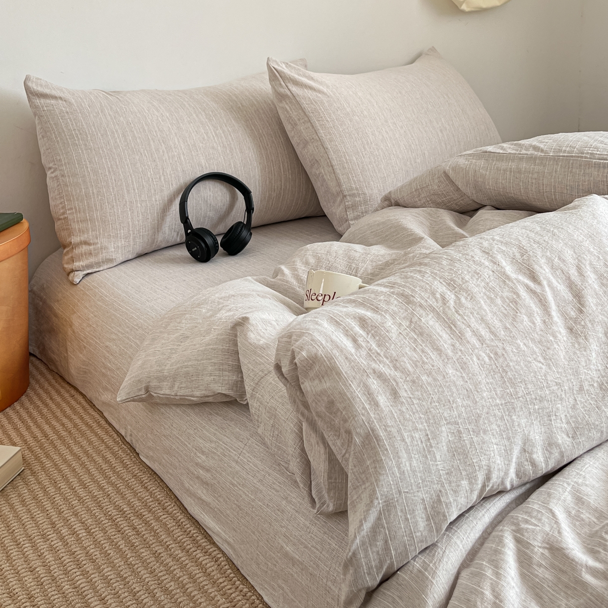 91家纺网 家纺一手货源 找家纺 蓝极人 2026新款色织水洗麻纯色四件套 烟茶