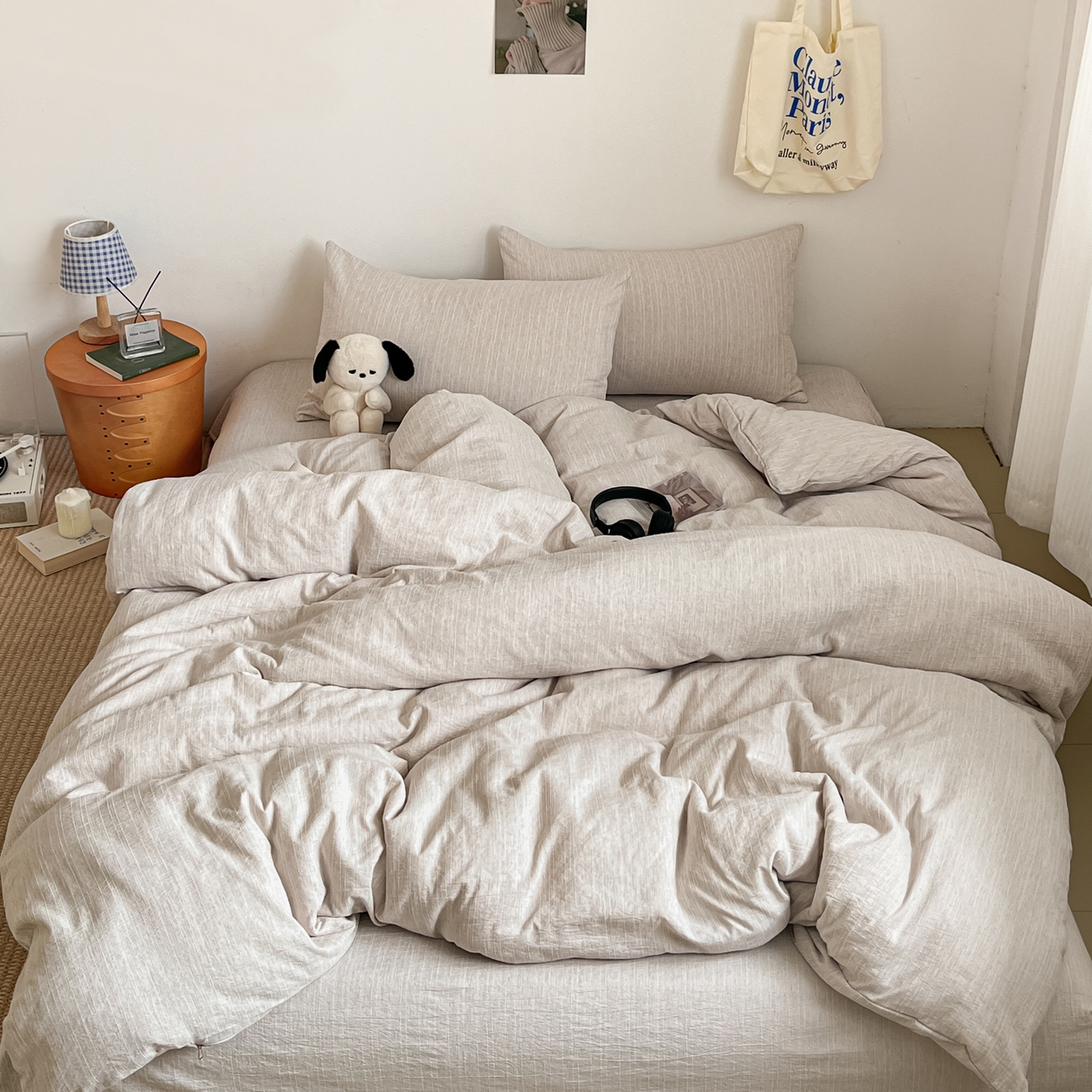 91家纺网 家纺一手货源 找家纺 蓝极人 2026新款色织水洗麻纯色四件套 烟茶