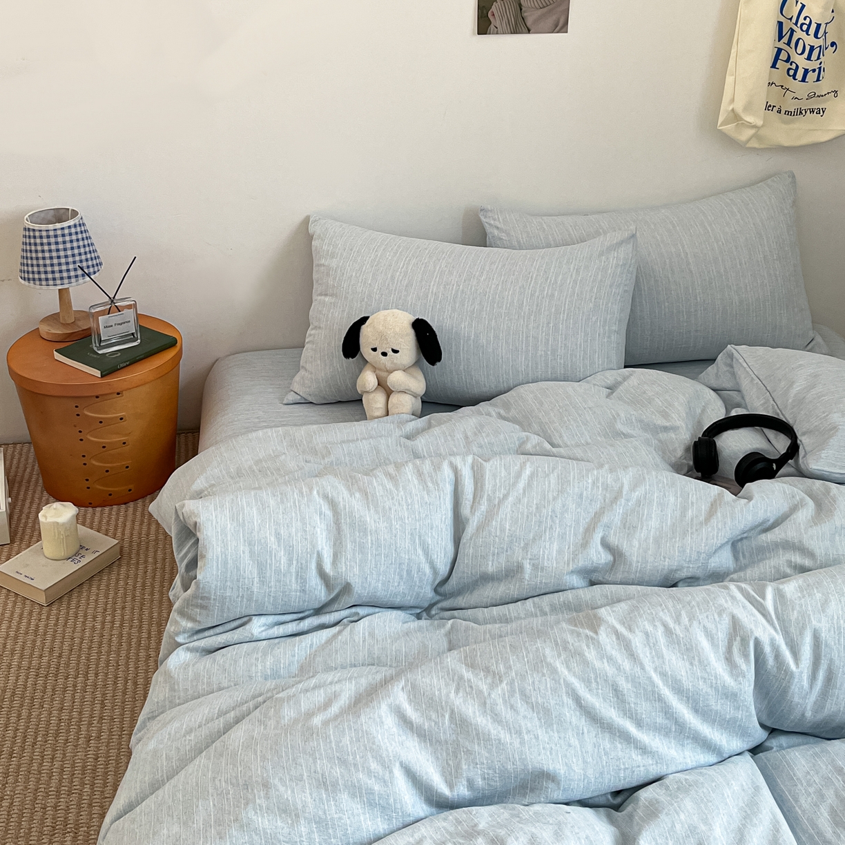 91家纺网 家纺一手货源 找家纺 蓝极人 2026新款色织水洗麻纯色四件套 湖水蓝