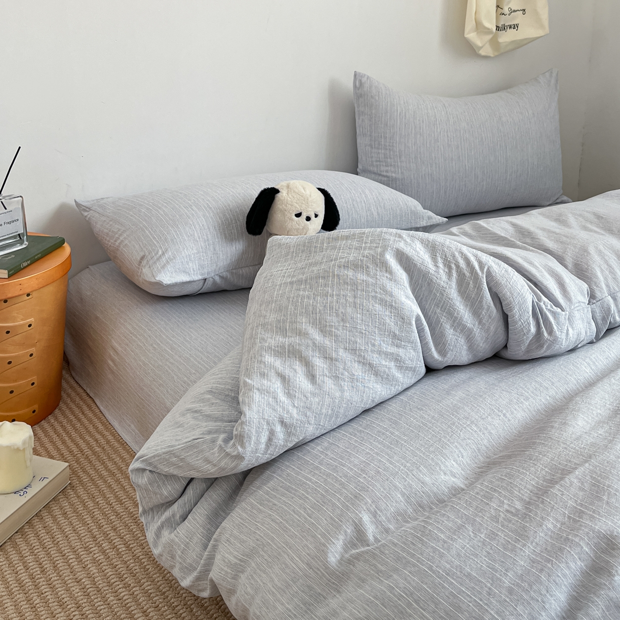 91家纺网 家纺一手货源 找家纺 蓝极人 2026新款色织水洗麻纯色四件套 牛仔蓝