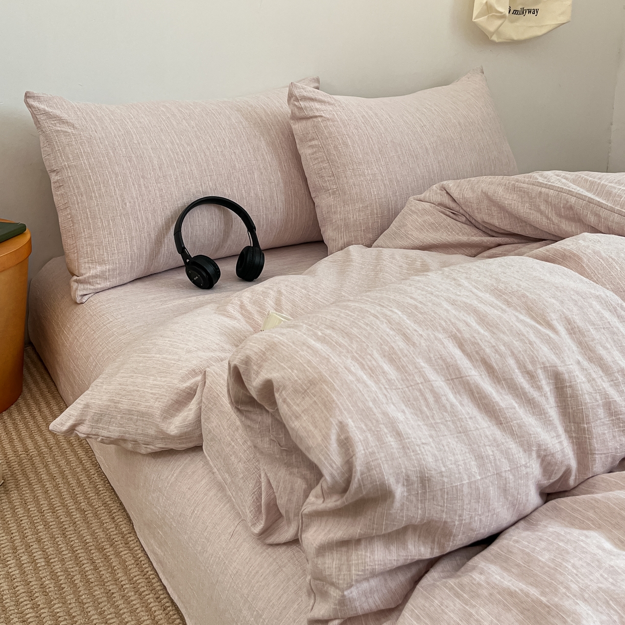 91家纺网 家纺一手货源 找家纺 蓝极人 2026新款色织水洗麻纯色四件套 玫瑰粉