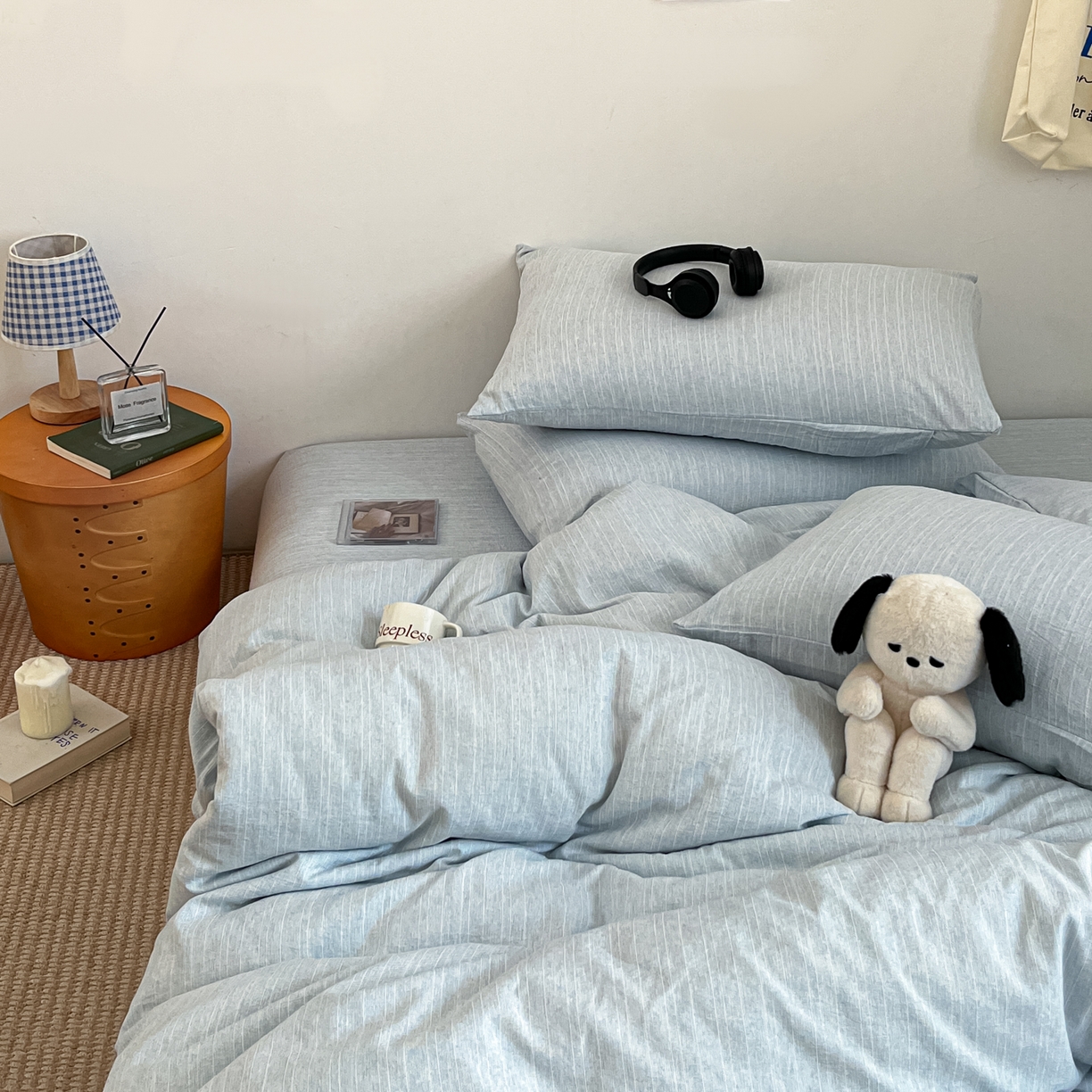 91家纺网 家纺一手货源 找家纺 蓝极人 2026新款色织水洗麻纯色四件套 湖水蓝