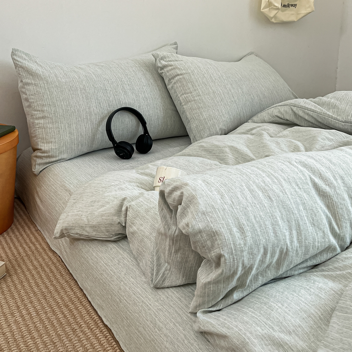 91家纺网 家纺一手货源 找家纺 蓝极人 2026新款色织水洗麻纯色四件套 抹茶绿