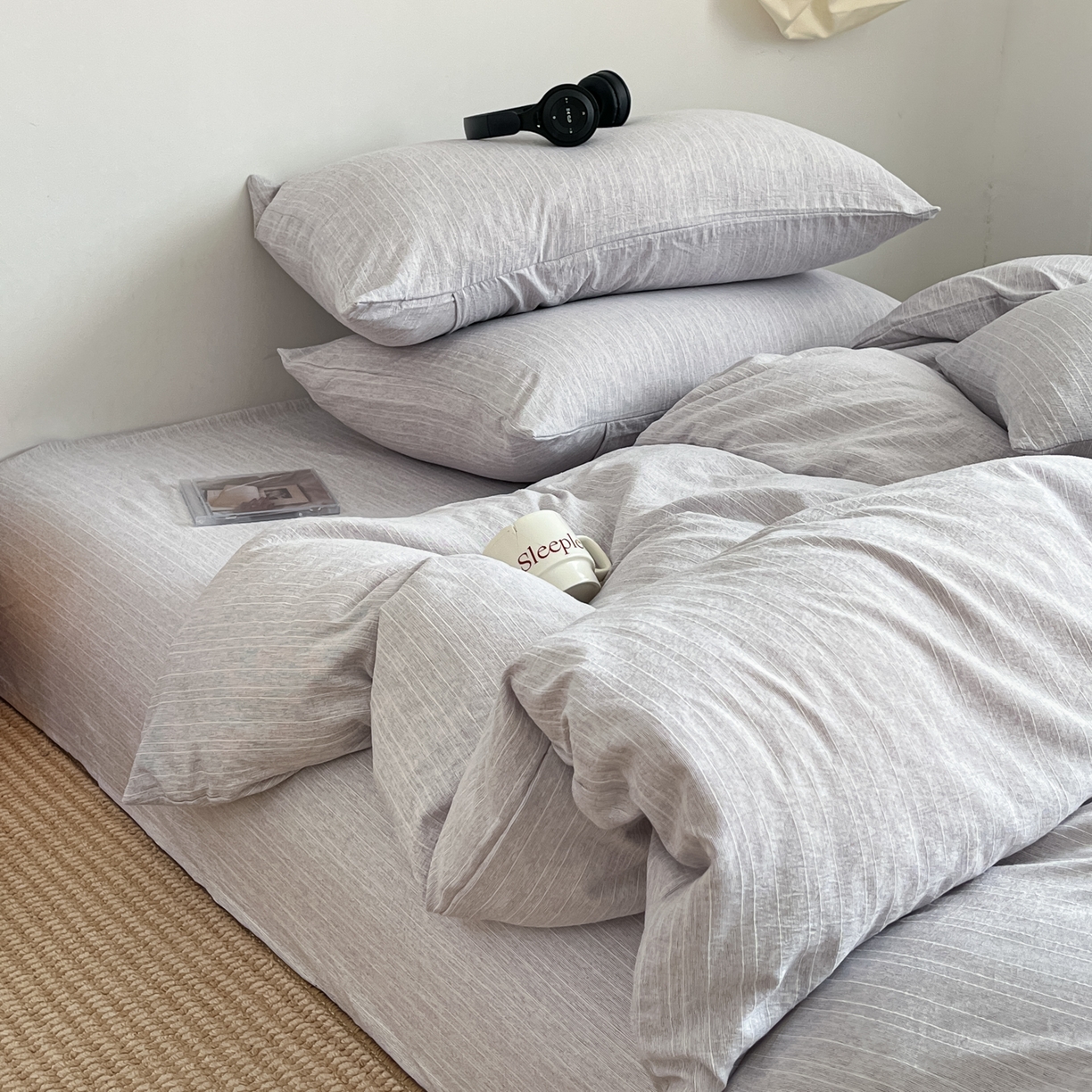 91家纺网 家纺一手货源 找家纺 蓝极人 2026新款色织水洗麻纯色四件套 葡萄青