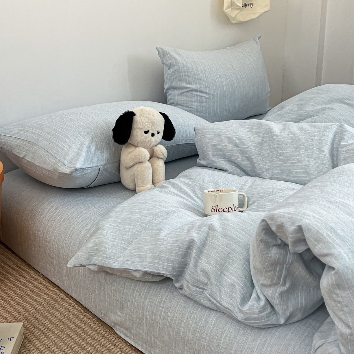 91家纺网 家纺一手货源 找家纺 蓝极人 2026新款色织水洗麻纯色四件套 湖水蓝