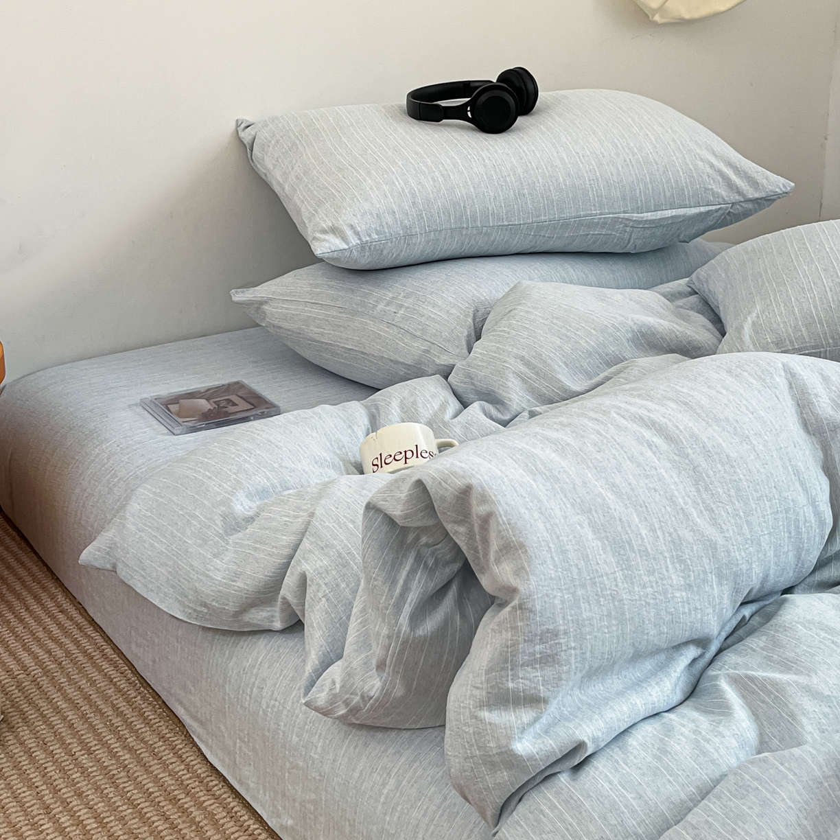 91家纺网 家纺一手货源 找家纺 蓝极人 2026新款色织水洗麻纯色四件套 湖水蓝