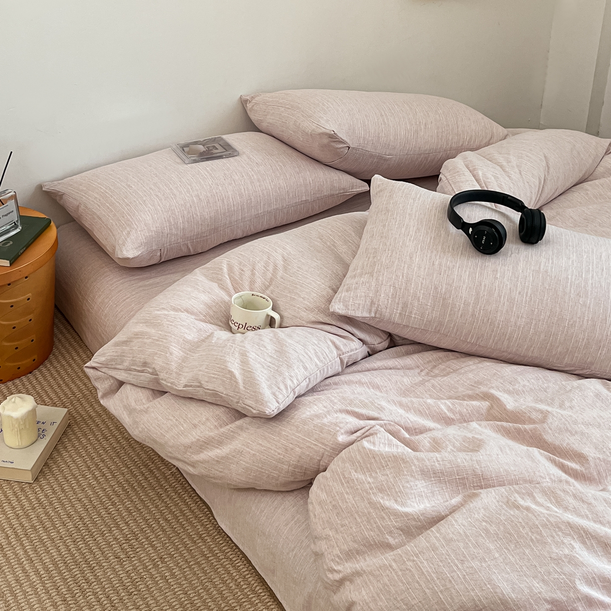 91家纺网 家纺一手货源 找家纺 蓝极人 2026新款色织水洗麻纯色四件套 玫瑰粉