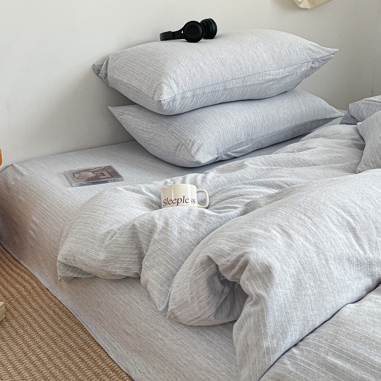 91家纺网 家纺一手货源 找家纺 蓝极人 2026新款色织水洗麻纯色四件套 牛仔蓝