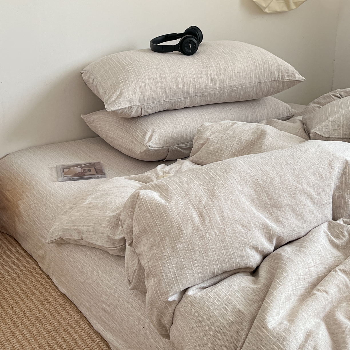 91家纺网 家纺一手货源 找家纺 蓝极人 2026新款色织水洗麻纯色四件套 烟茶