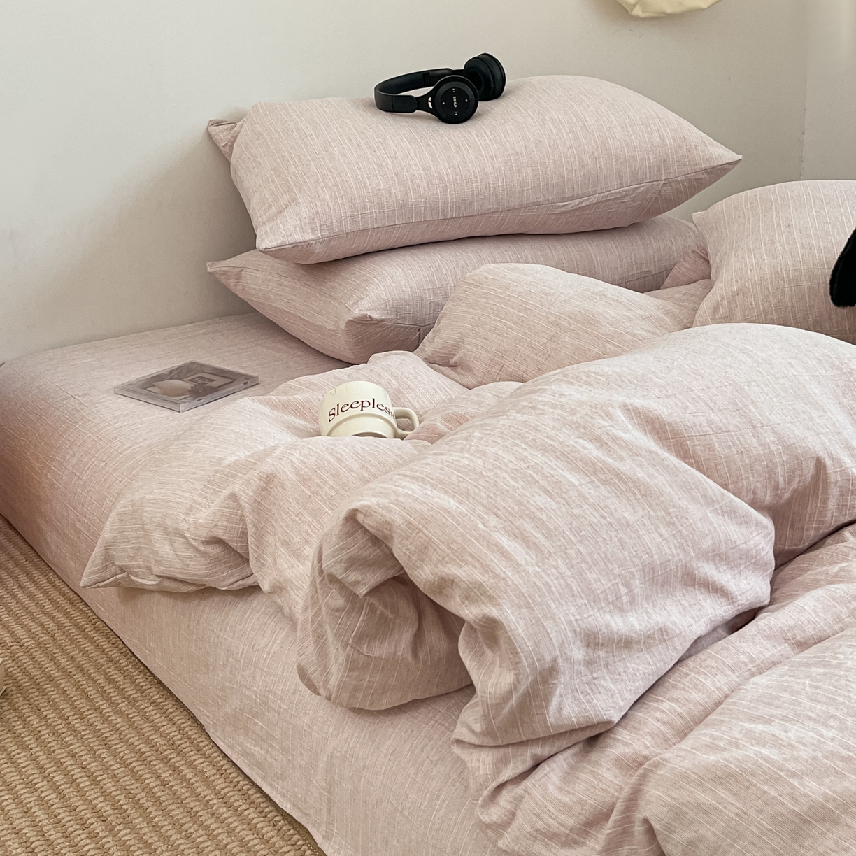 91家纺网 家纺一手货源 找家纺 蓝极人 2026新款色织水洗麻纯色四件套 玫瑰粉