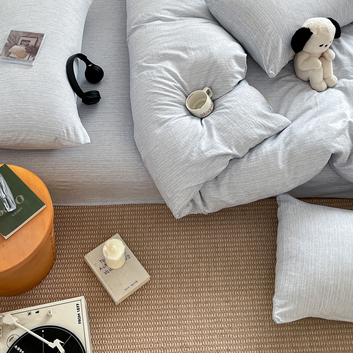 91家纺网 家纺一手货源 找家纺 蓝极人 2026新款色织水洗麻纯色四件套 牛仔蓝