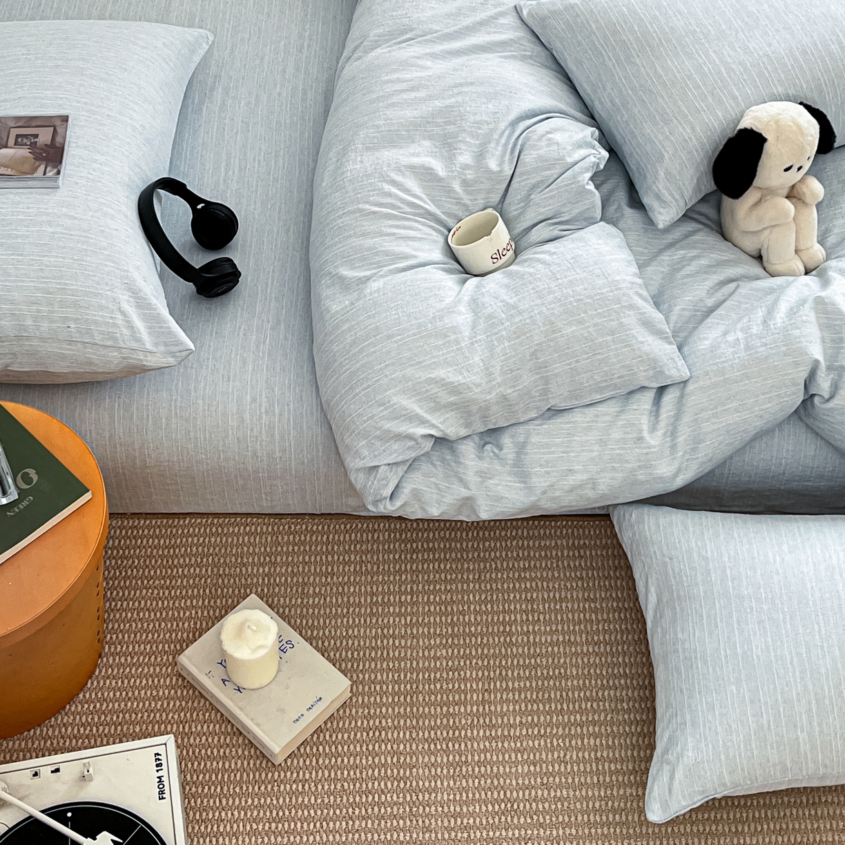 91家纺网 家纺一手货源 找家纺 蓝极人 2026新款色织水洗麻纯色四件套 湖水蓝