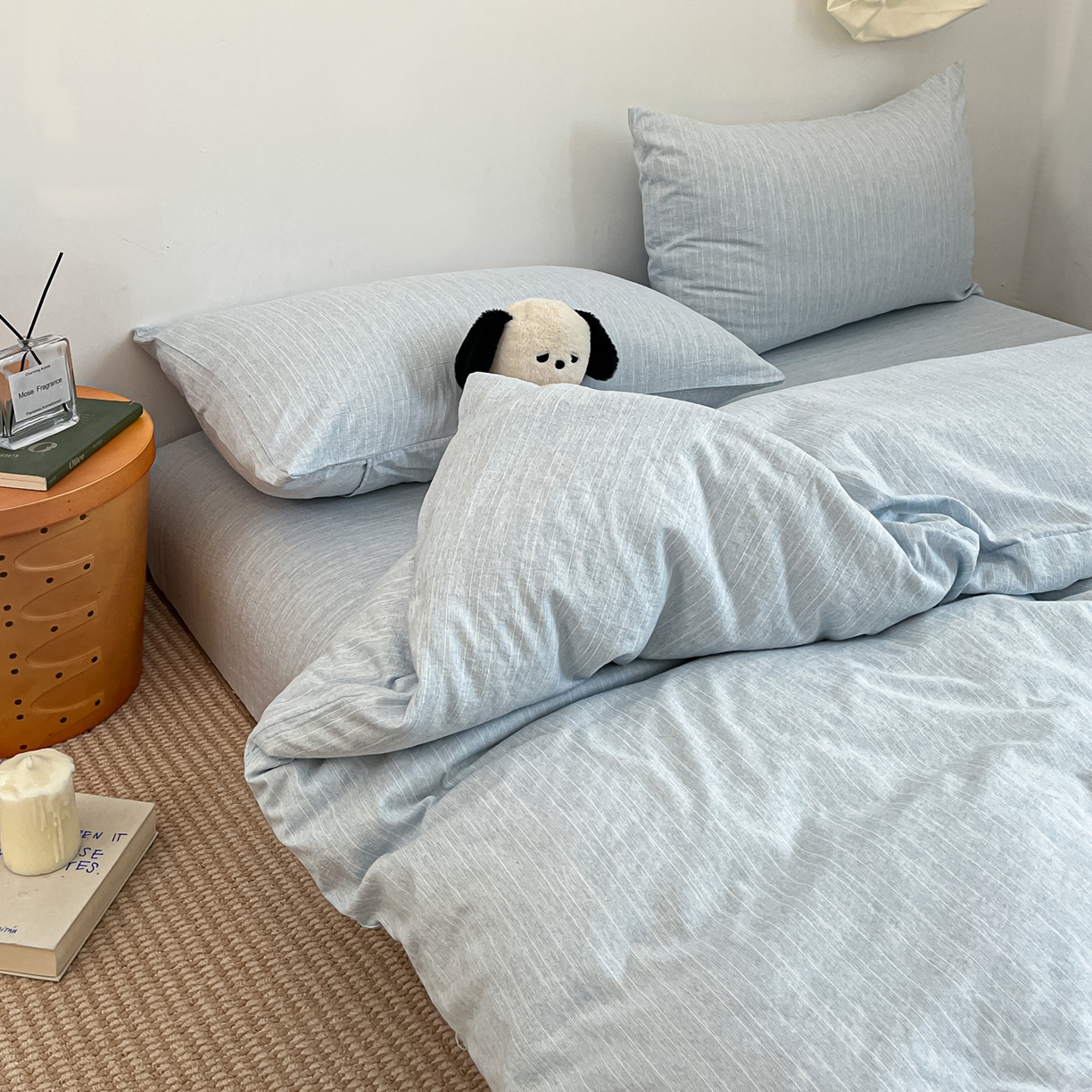 91家纺网 家纺一手货源 找家纺 蓝极人 2026新款色织水洗麻纯色四件套 湖水蓝